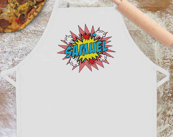 Personalized Kids Aprons - Birthday Gift for Toddler Boys - Kids Baking Aprons - Comic Book Gift for Children - Kids Cooking Gift Customized