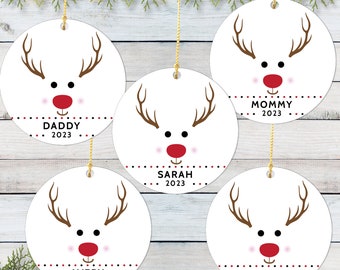 Reindeer Christmas Ornaments 2023 - Ornaments for Kids - Personalized Minimalist Holiday Tree Decorations - Matching Family Name Ornaments