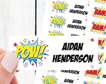 Superhero Name Labels: Comic Book Waterproof Stickers