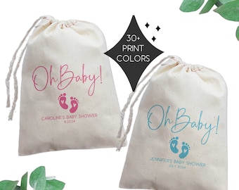 Oh Baby Custom Baby Shower Bags - Baby Shower Gift Bags with Baby Footprint + Heart - Drawstring Party Favor Bags for Gender Reveal