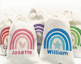 Rainbow Personalized Kids Party Favor Gift Bags - Party Favors for Kids, Watercolor Rainbow Canvas Drawstring Bags