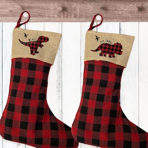 Personalized Dinosaur Christmas Stocking with Name: Plaid Holiday Decor for Kids