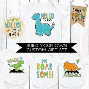 Baby Shower Gift Box for Boy  - Dinosaur Newborn Boy Bodysuit Personalized - Dinosaur Nursery Decor