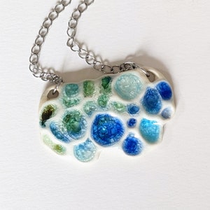 White Porcelain Necklace with Blue Upcycled Glass  (and 18 in silver chain) &quot;Big Bacteria Buds&quot;