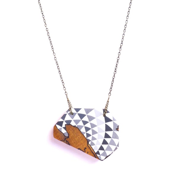 Geometric Pendant, Grey and White, Spalted Sycamore Wood, Statement Necklace, Christmas Gift Idea