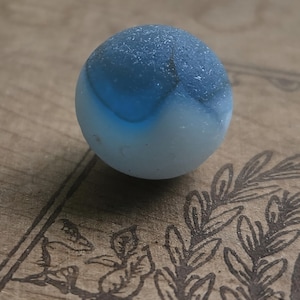 Blue and white sea glass marble from scotland, surf tumbled and frosty, collectable beach glass