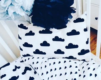 Teen Monochrome Bedding, Clouds and Rain Drops Bed Set, Black and White Single Size Bedding, Duvet and Cushion Covers, Kids Comforter.