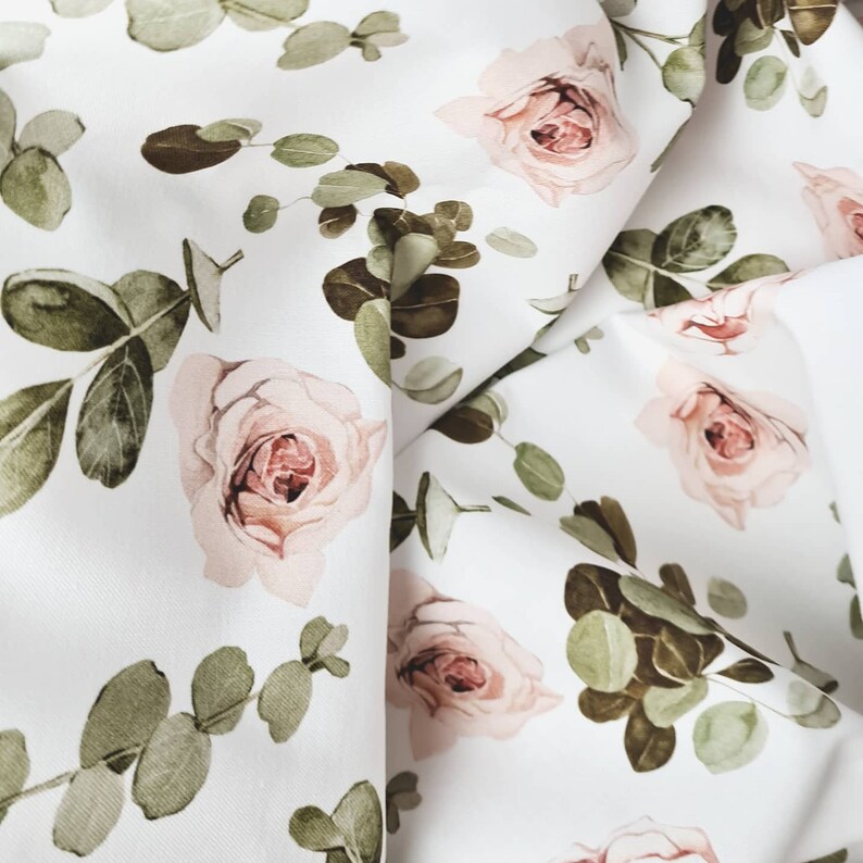 Eucalyptus and Roses Cot Bed Sheet, Green Leaves Nursery Bed Linen, Gender Neutral Crib Sheet, Soft Cotton Kids Fitted Sheet, Toddler Sheet. image 7