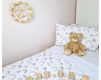 Kids Rainbow Bedding, Bed Linen for Kids, Boho Nursery Bedding, Duvet and Pillow Cover, Neutral Kids Bedding, Toddler Bedding Set.