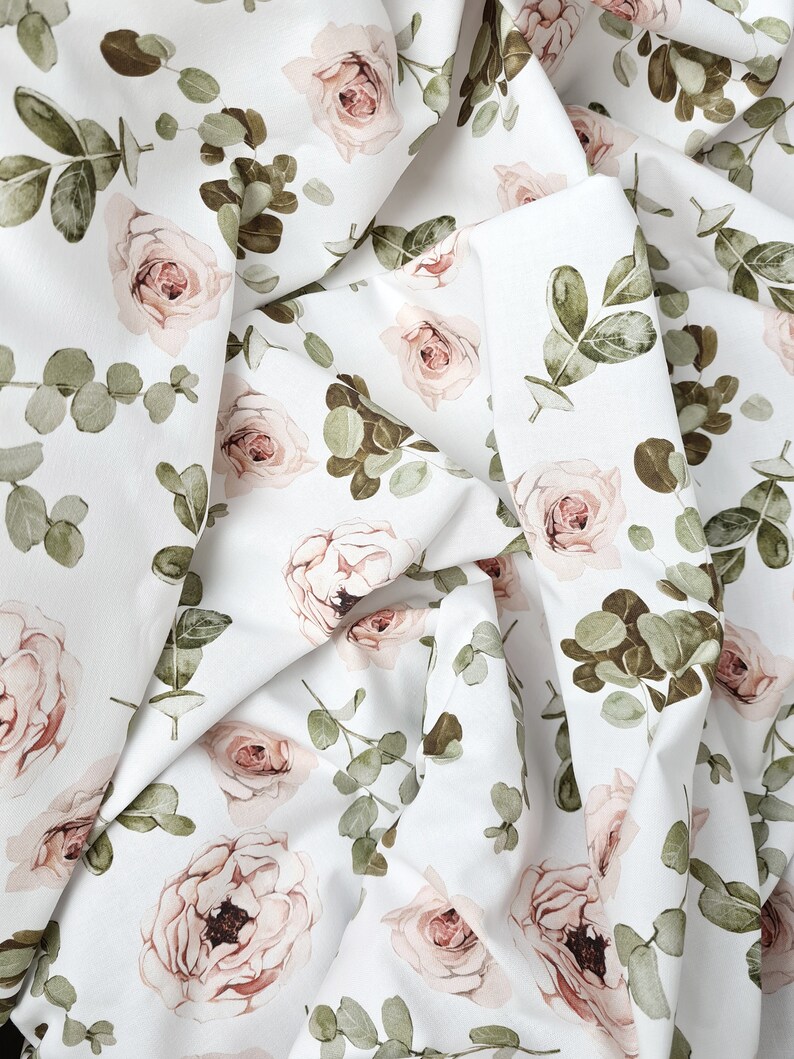 Eucalyptus and Roses Cot Bed Sheet, Green Leaves Nursery Bed Linen, Gender Neutral Crib Sheet, Soft Cotton Kids Fitted Sheet, Toddler Sheet. image 6