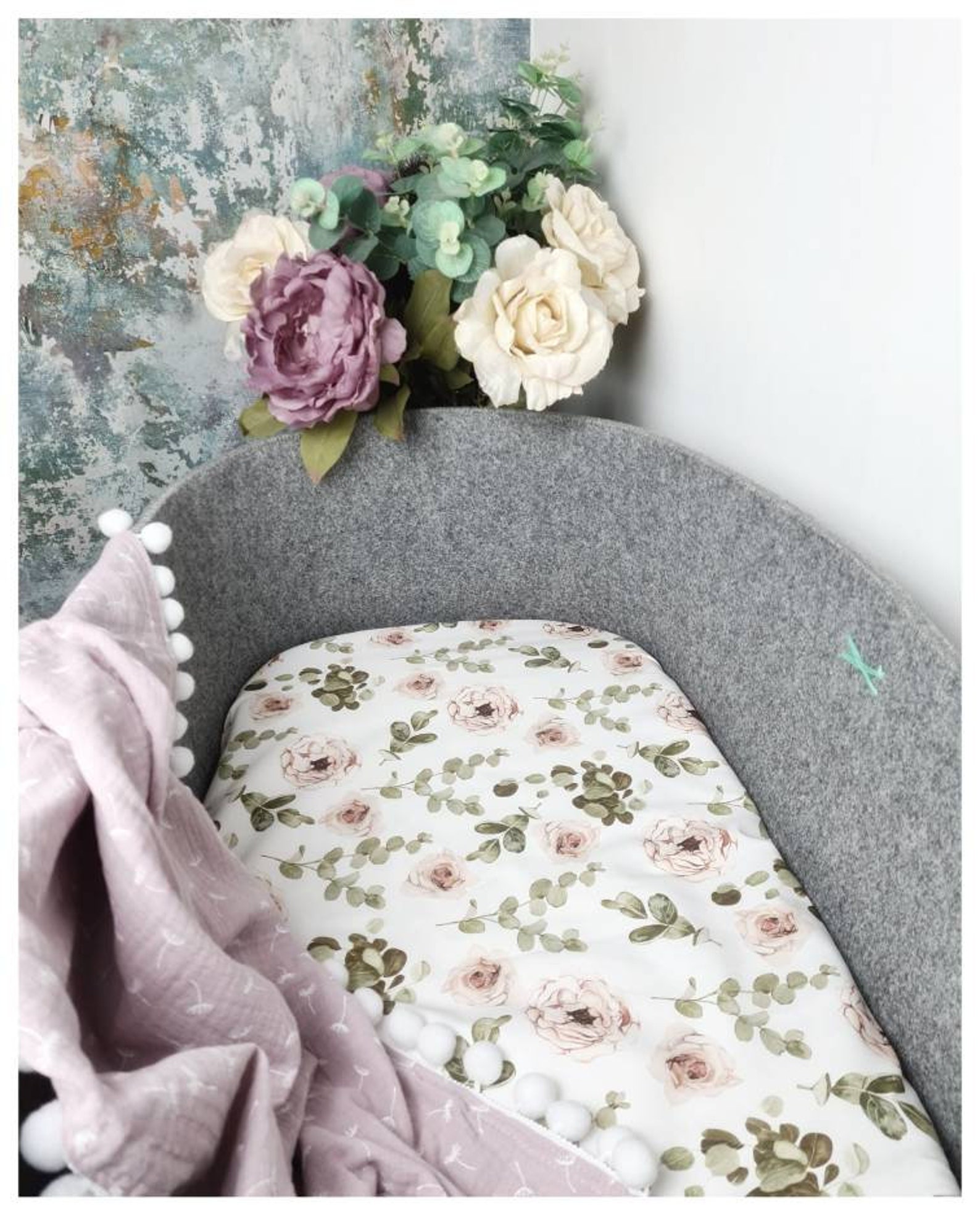 Eucalyptus and Roses Cot Bed Sheet Green Leaves Nursery Bed Etsy UK