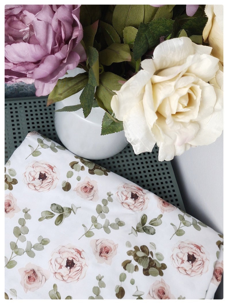 Eucalyptus and Roses Cot Bed Sheet, Green Leaves Nursery Bed Linen, Gender Neutral Crib Sheet, Soft Cotton Kids Fitted Sheet, Toddler Sheet. image 9