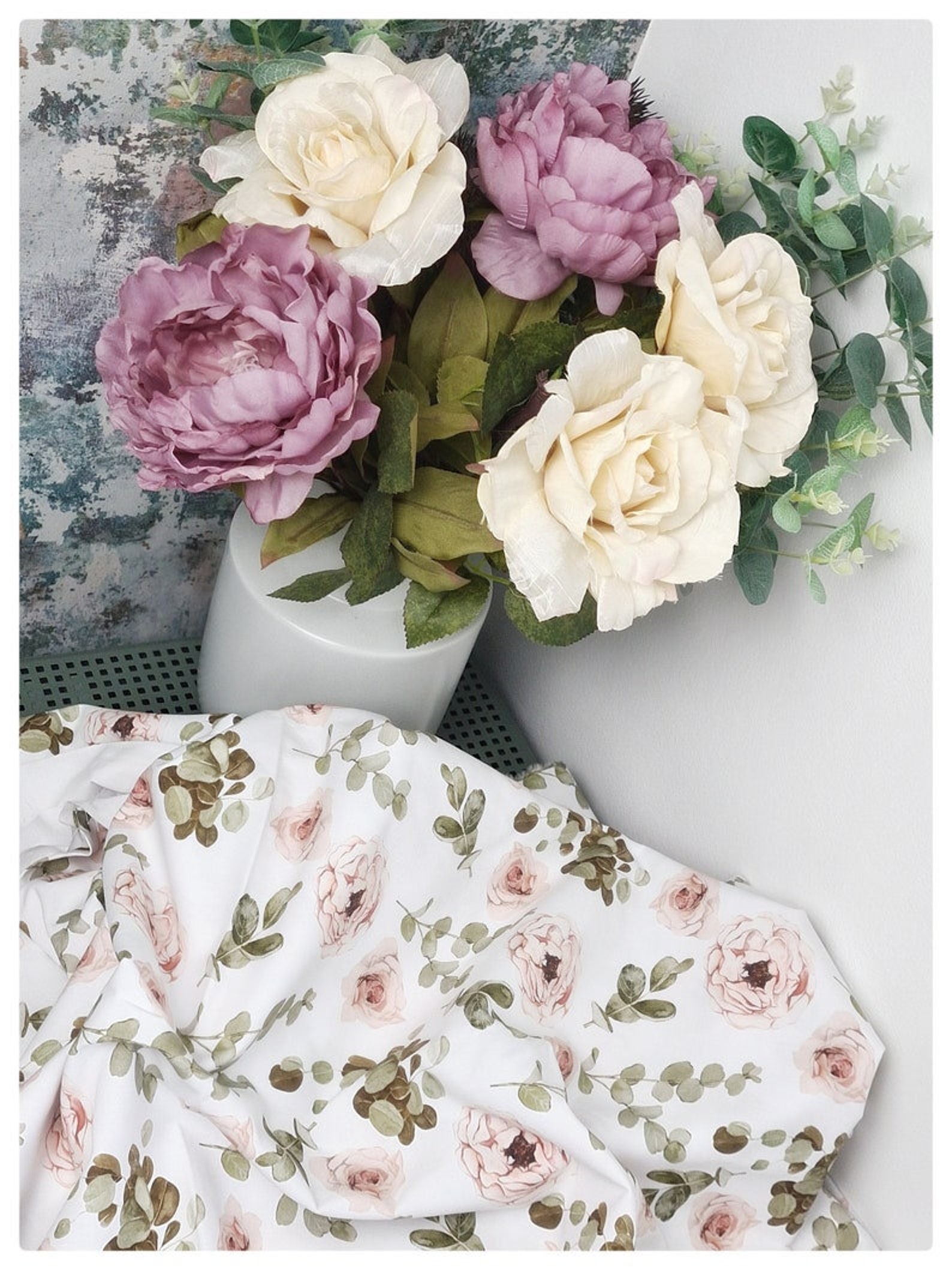 Eucalyptus and Roses Cot Bed Sheet Green Leaves Nursery Bed Etsy UK