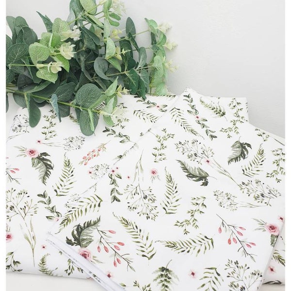 Meadow Fern Nursery Bedding Set - Cot Bed Linen - Pink Flowers Nursery Bedding - Green Leaves Nursery Duvet and Cushion Cover