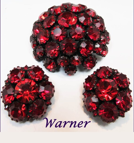 Vintage WARNER Red Rhinestone Set*Designer Signed*Aus… - Gem