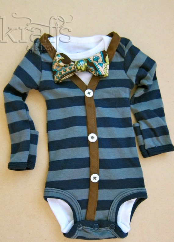 Items similar to Baby Boy Blue/Gray Stripe with Brown Cardigan Outfit ...