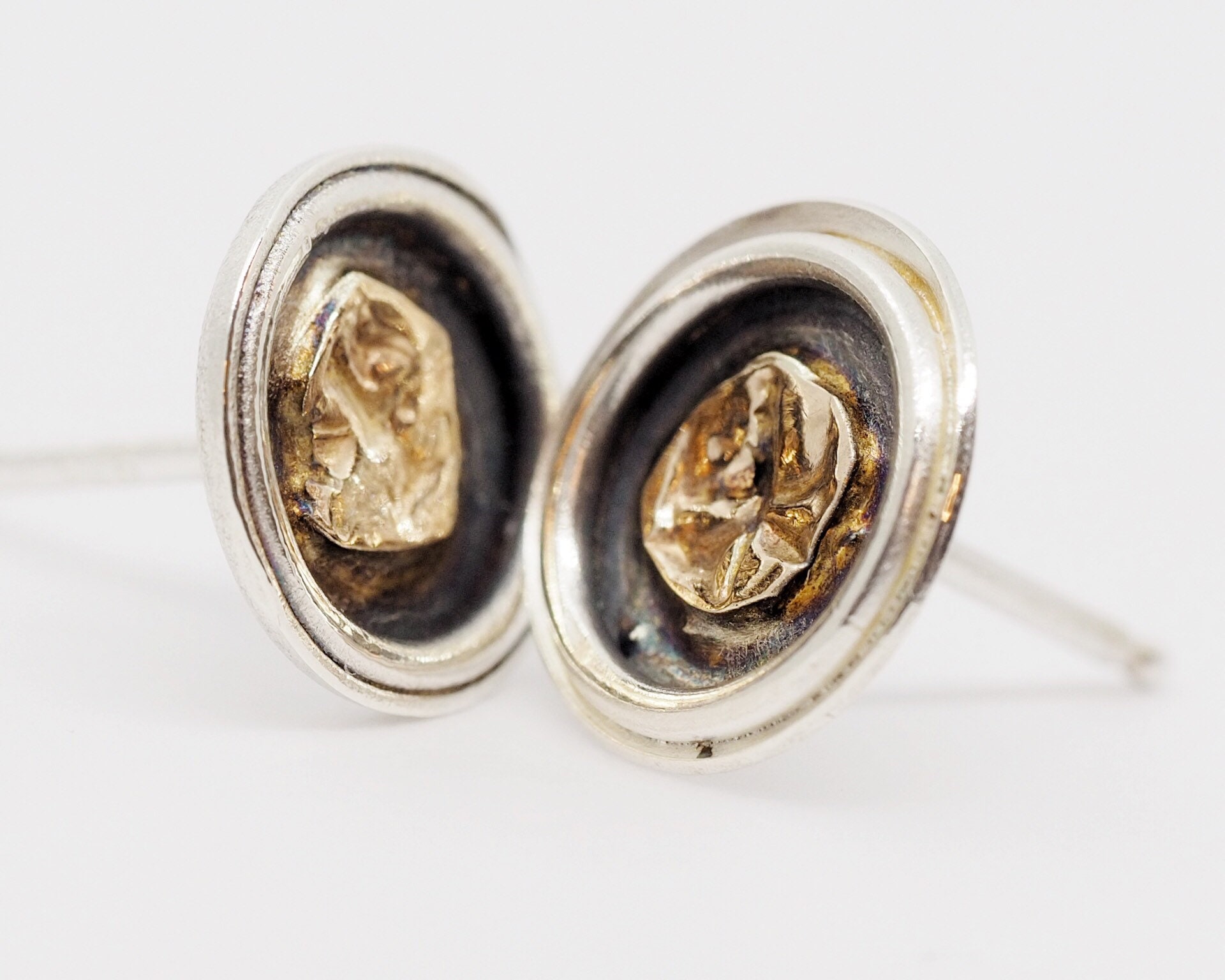 Silver and 14k gold stud earrings Oxidized Handmade Etsy