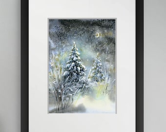 Watercolor Winter Holiday Decor Winter Landscape Painting Snowy Pine Tree Art Original Watercolor Winter Artwork Small Painting Original