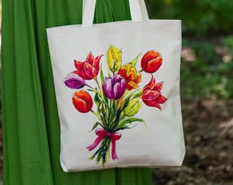 Cotton Tote Bag Tulip Shopping Carrier Floral Market Handbag Botanical Print Shopper Reusable Grocery Carryall Canvas Bag with Pocket