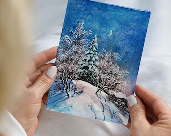Winter Watercolor Landscape Wintery Scene Artwork Christmas Original Watercolor Holiday Wall Art Winter Scene Painting Small Winter Art Gift