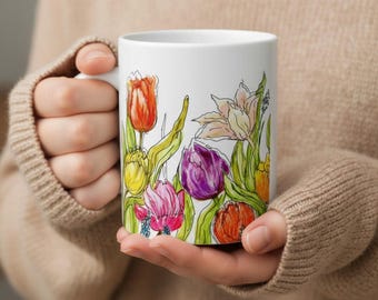 Tulip Coffee Mug Mothers Day Gift Idea Spring Flower Ceramic Watercolor Art Floral Design Kitchen Decor Botanical Cup Easter Present