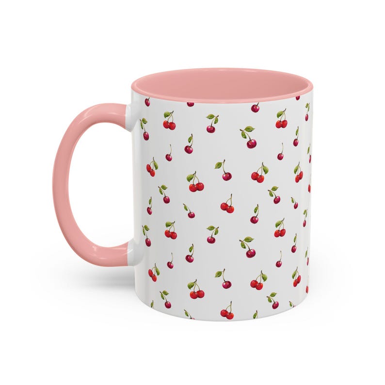 Cherry Mug Cherry Coffee Mug Cherries Pattern Cherry Art Cherries Mug Gift for Cherry Lover Coquette Gift Ceramic Mug with Cherry Design Pink