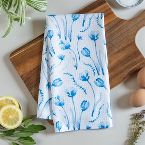 Blue Flower Towel Blue Tulip Absorbent Kitchen Towel Spring Flower Waffle Towel Gift for Her Teacher Gift Mom Kitchen Delft Decor for Her