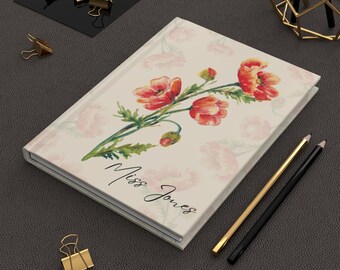 August Birthday Gift Custom Journal August Birth Flower Poppy Notebook August Birth Month Gift for Mom August Teacher Personalized Journal