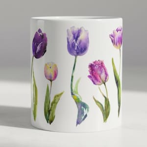 Tulip Coffee Mug White Ceramic Cup Design Floral Artwork Flower Garden Theme Spring Gift Mothers Day Easter Present Birthday Idea Kitchen