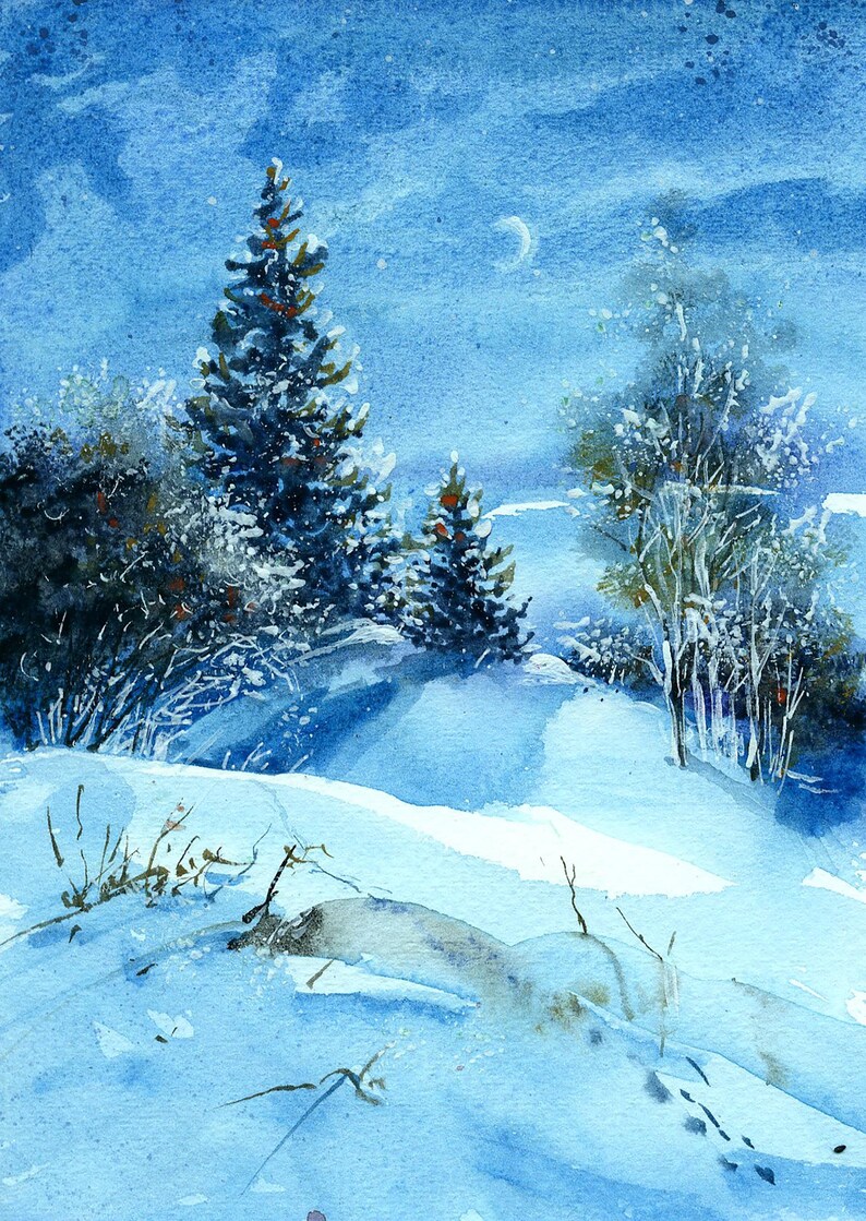 Snowy Pine Tree Art Winter Landscape Original Watercolor Snowy Pine ...