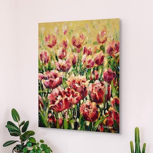 チューリップのオリジナル絵画 春の花のアート 赤い花の絵画 チューリップの壁アート 春の絵画 チューリップ畑のアート 花の油絵 鮮やかな