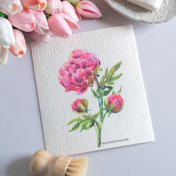 Peony Dishcloth November Birth flower Pink Flower Swedish Cloth With Pink Peony Birth Flower November Gift for Her Kitchen Dishcloth Gift