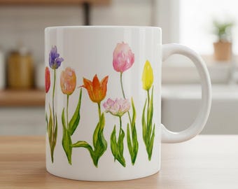 Floral Mug Tulip Art Mug for Mothers Day Gift Mug Tulip Spring Flower Coffee Mug with Flower Garden Ceramic Floral Tea Cup Botanical Mug