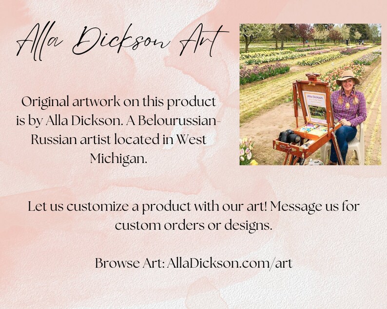 May include: A woman paints outdoors in a field of colorful flowers. The artist is using an easel and a palette of paints. The text "Alla Dickson Art" is visible in the image.