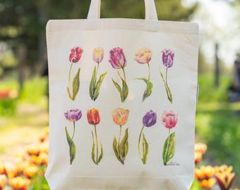 Floral Tote Bag Flower Tote Canvas Bag Tulip Tote with Tulips Canvas Tote Book Tote for Women Teacher Gift Tote Mom Gift Tote Market Bag