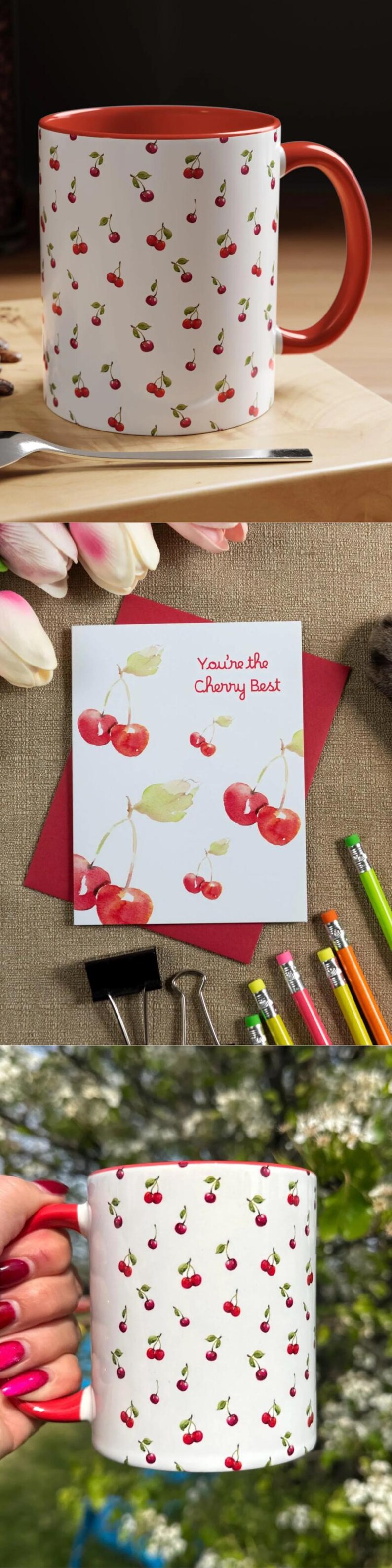 May include: A white ceramic mug with a red interior and handle, featuring a repeating pattern of small red cherries with green stems. A matching white greeting card displays watercolour cherries and the text You're the Cherry Best.