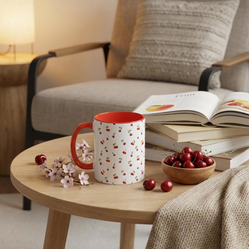 May include: A white ceramic mug with a repeating pattern of small red cherries and green stems, featuring a bright orange interior and handle. The mug is placed on a wooden surface alongside a small wooden bowl filled with fresh red cherries.