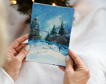 Winter Landscape Painting Snowy Pine Tree Original Watercolor Painting Snow Watercolor Picture Snow Painting Holiday Watercolor Art