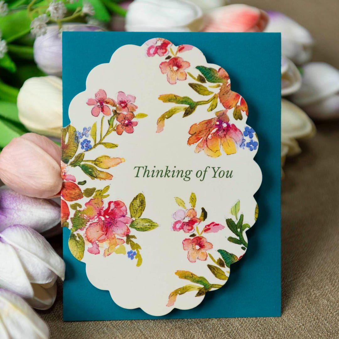 Thinking of You Card Scalloped Edge Card Watercolor Flower Bouquet ...