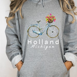 Holland Michigan Hoodie Holland Sweatshirt Tulip Time Holland MI Hooded Sweatshirt Amsterdam Style Hoodie with Bike Tulip Festival Hoodie
