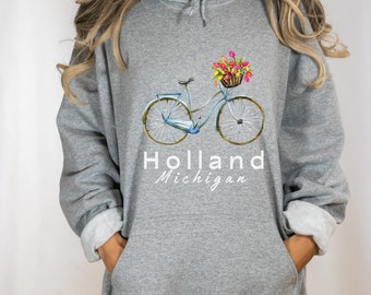 Holland Michigan Hoodie Holland Sweatshirt Tulip Time Holland MI Hooded Sweatshirt Amsterdam Style Hoodie with Bike Tulip Festival Hoodie