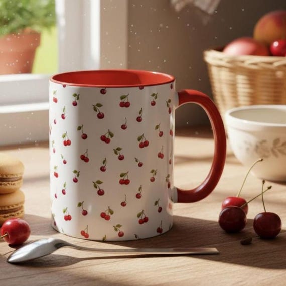 Cherry Mug Cherry Coffee Mug Cherries Pattern Cherry Art Cherries Mug Gift for Cherry Lover Coquette Gift Ceramic Mug with Cherry Design