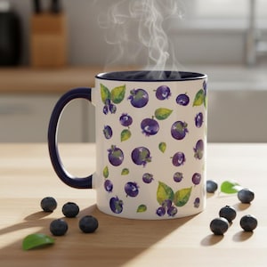 Ceramic Blueberry Mug Watercolor Design Fruit Kitchen Cottage Decor Navy Blue Dishwasher Safe Pottery Cup Morning Tea Farmhouse Style Berry