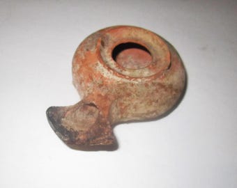 Ancient Roman Terra Cotta Oil or Fat Lamp with Molded Decoration - Wonderful As Found Condition Partially Cleaned