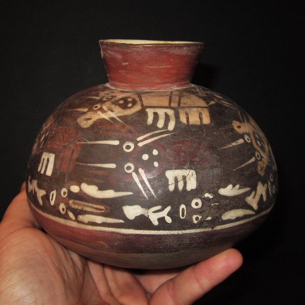Nazca (Nasca) Ceramic Polychromed Vase With Horned Beasts - Unrestored Condition - 100 BC - 800 AD