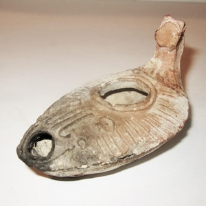 Ancient Roman Terra Cotta Oil or Fat Lamp with Molded Decoration - Wonderful As Found Condition Partially Cleaned