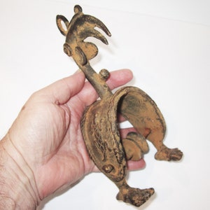 Vintage Benin Bronze Loom Heddle Pulley in the Form of a Hornbill, Large and Ornate with Cross