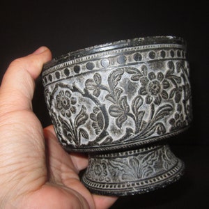 Antique Floral Design Carved Stone Mortar from India, Repair with Original Parts