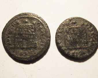 Two Roman Coins with Camp Gate Tower pictured here - Not Cleaned