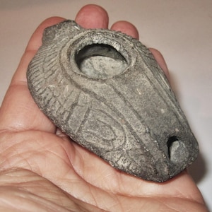 Ancient Roman Terra Cotta Oil or Fat Lamp with Molded Decoration - Wonderful As Found Condition Partially Cleaned